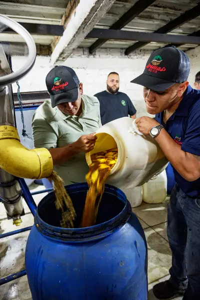 Rodrigo and Andres add the mango concoction